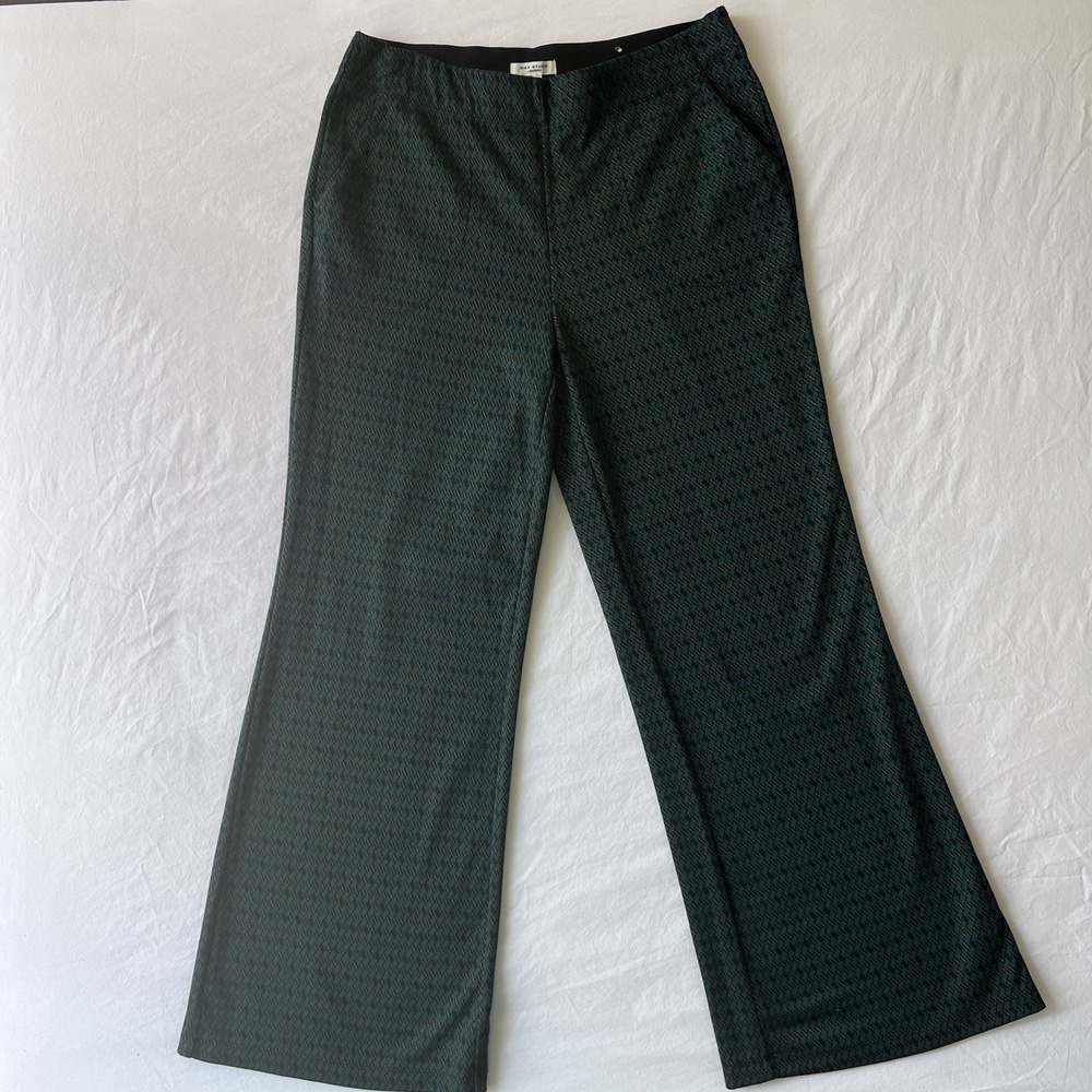 Max Studio London Knit Pants XL Teal Black Geometric Flare Leg Pull On Stretch